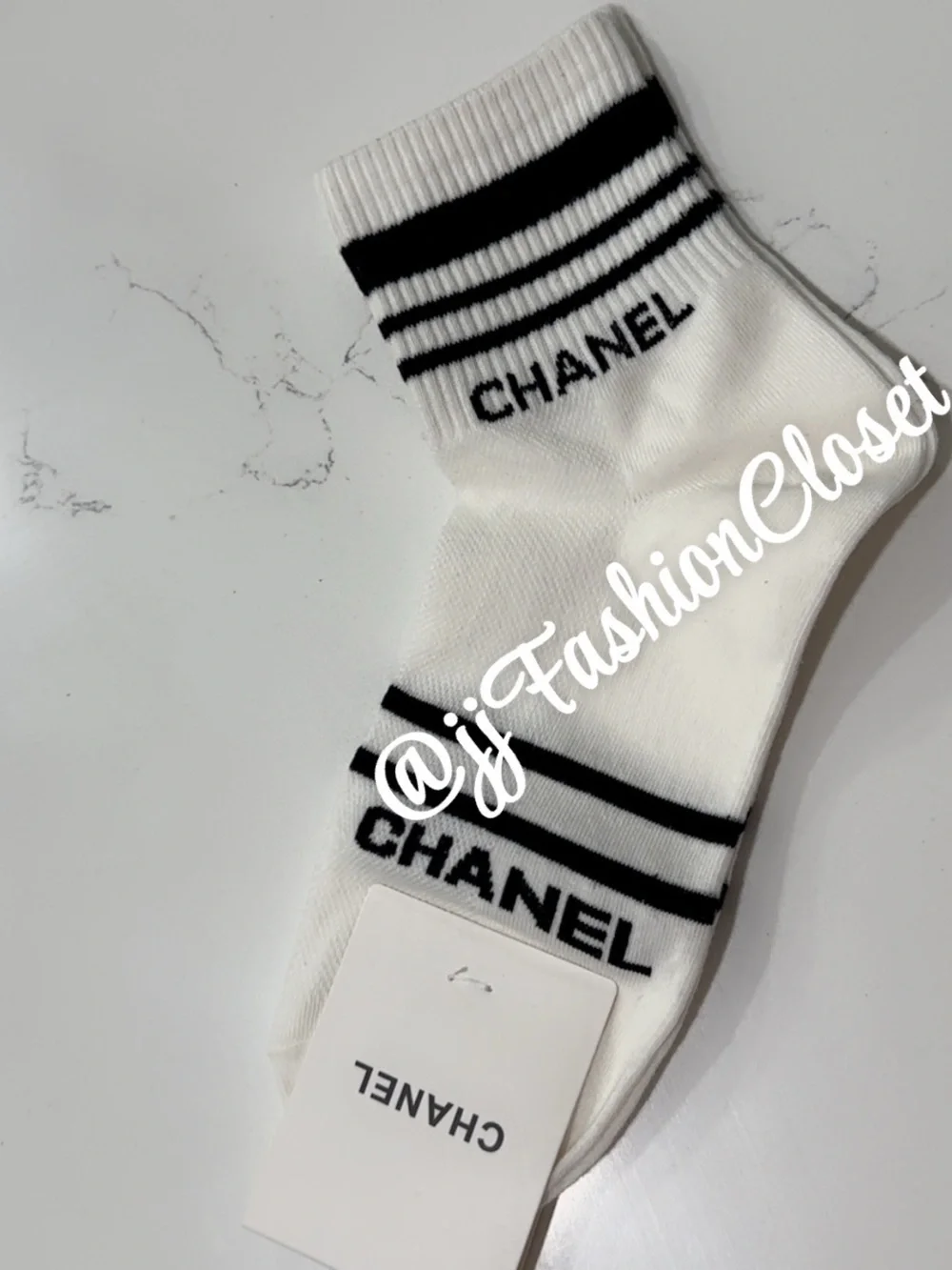 CCute White and Black Striped Logo Crew Socks
